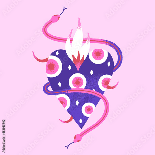 Dangerous heart. Creative Valentines Day card. Contemporary art. Mystical vector illustration in pink and purple colors. Unique style. T-shirt, cover, poster