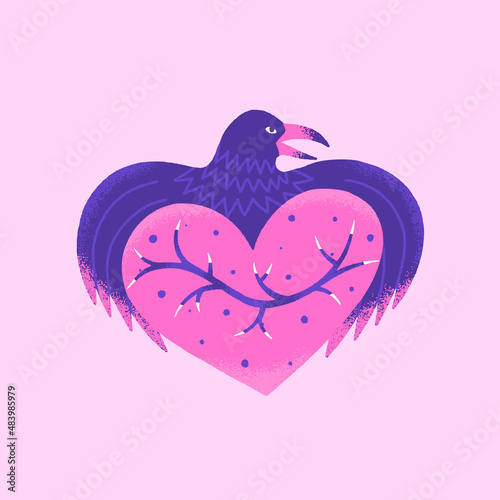 Dangerous heart. Creative Valentines Day card. Contemporary art. Mystical vector illustration in pink and purple colors. Unique style. T-shirt, cover, poster