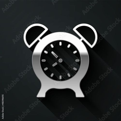 Silver Alarm clock icon isolated on black background. Wake up, get up concept. Time sign. Long shadow style. Vector