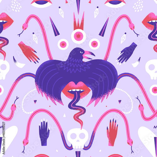 Seamless pattern with crow, snakes, eyes, hands, skulls. Contemporary art. Mystical vector illustration in pink and purple colors. Unique style. Wallpaper, wrapping paper, textile
