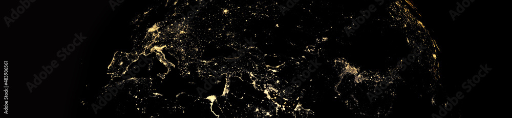 BANNIÈRE DE L'EUROPE VUE DEPUIS L'ESPACE LA NUIT. Elements of this image furnished by NASA - obrazy, fototapety, plakaty 