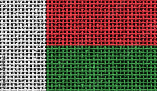 Madagascar flag on the surface of a metal lattice. 3D image