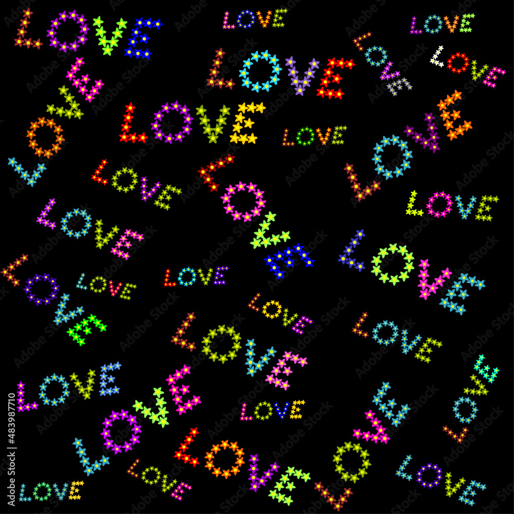 Love text, made of flowers of different colors, vector background for Valentine's Day. Love is everywhere around us Love text, made of flowers of different colors, vector background for Valentine's Day. Love is everywhere around us