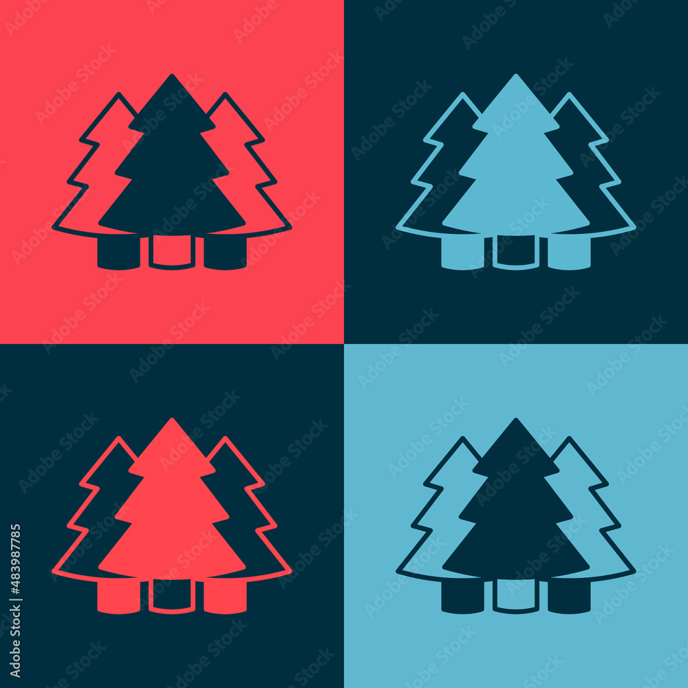 Obraz premium Pop art Christmas tree icon isolated on color background. Merry Christmas and Happy New Year. Vector