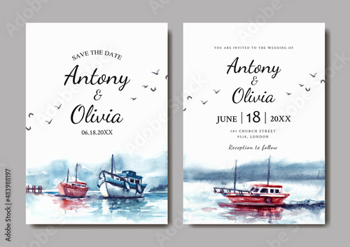 Wedding invitation of nature landscape with boat on sea watercolor