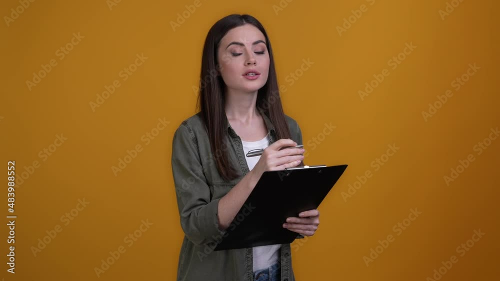 Manager lady write checklist applicant cv isolated vibrant color background Manager lady write checklist applicant cv isolated vibrant color background