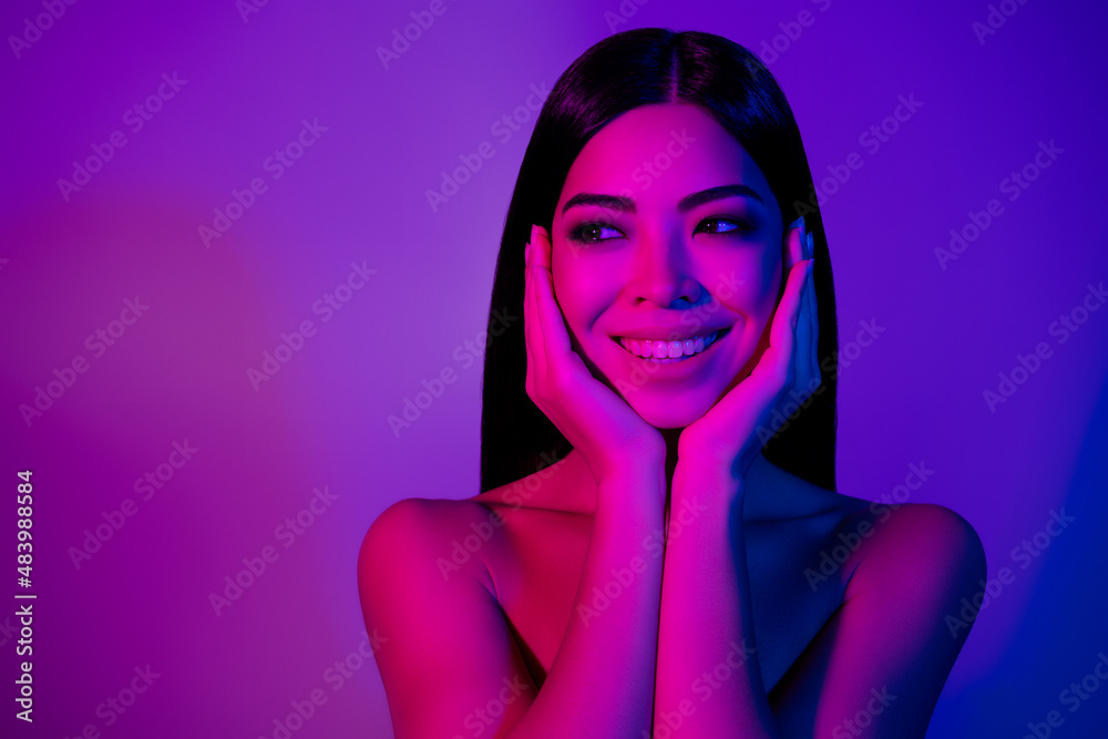 Photo of pretty lady touch face empty space modern art beauty procedure isolated vivid bright color background Photo of pretty lady touch face empty space modern art beauty procedure isolated vivid bright color background