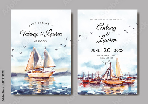 Wedding invitation of sunrise landscape with harbor and boat watercolor