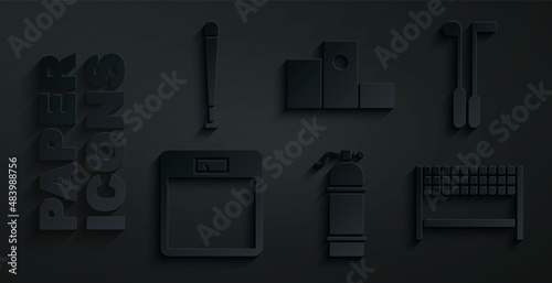 Set Aqualung, Golf club, Bathroom scales, Ribbon in finishing line, Award over sports winner podium and Baseball bat icon. Vector