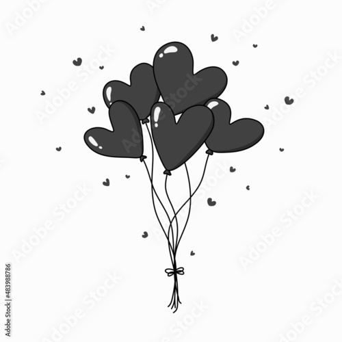 Black heart balloons bunch. Valentine's day flat vector illustration