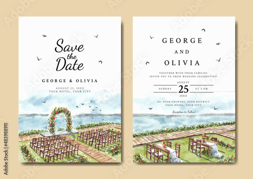 Wedding invitation of nature landscape with beautiful wedding gate view watercolor