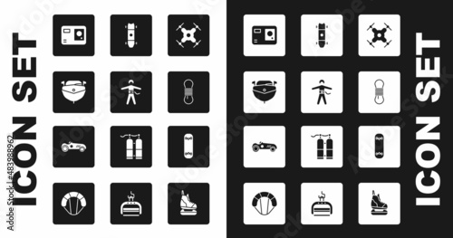 Set Drone flying, Bungee jumping, Speedboat, Action extreme camera, Climber rope, Longboard or skateboard, Skateboard trick and Vintage sport racing car icon. Vector