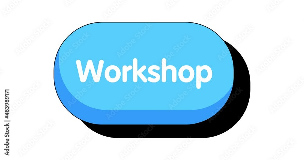 Big sign with Workshop text. Hand pushing his index finger to click the button. 4k Comic Book style cartoon animation. Big sign with Workshop text. Hand pushing his index finger to click the button. 4k Comic Book style cartoon animation.