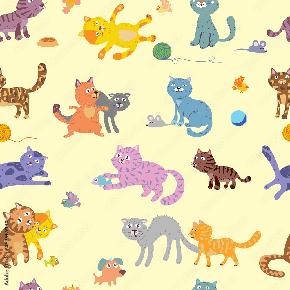 Fototapeta funny cats, pattern, cat in various poses and situations, drawing, vector, images, cartoon