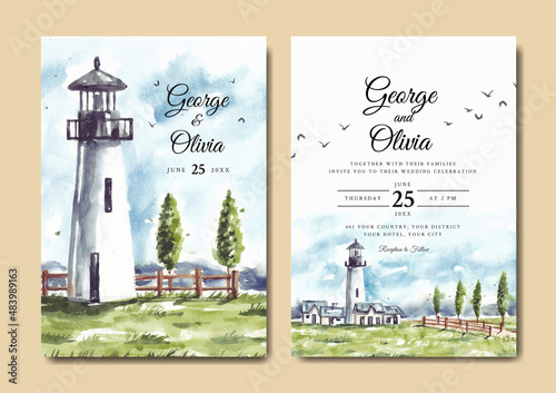 Wedding invitation of nature landscape with lighthouse and fence watercolor