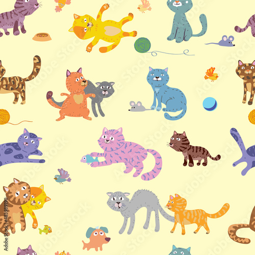 funny cats, pattern, cat in various poses and situations, drawing, vector, images, cartoon
