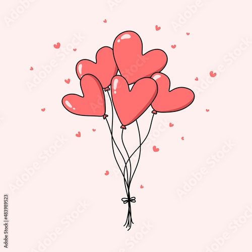 Red heart balloons bunch. Valentine's day flat vector illustration	