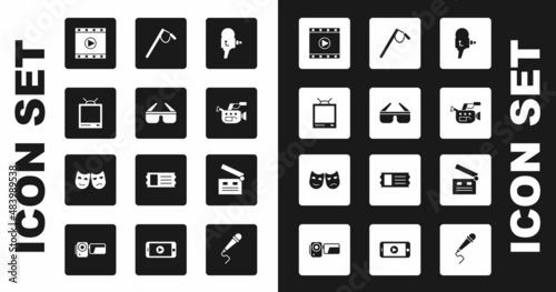Set Retro cinema camera, 3D glasses, tv, Play Video, Cinema, Microphone, Movie clapper and Comedy and tragedy masks icon. Vector