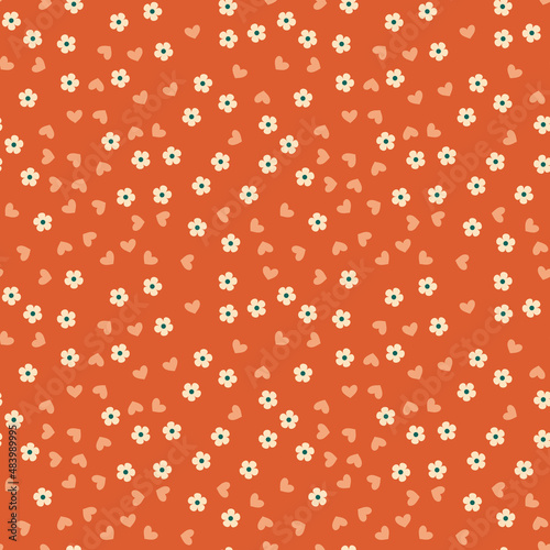 Floral Seamless Vector Pattern with Small Flowers and Hearts n Retro Vibes. Cute Simple Dots in Mid-Century Modern Style. Warm Light Orange and Beige Colors  