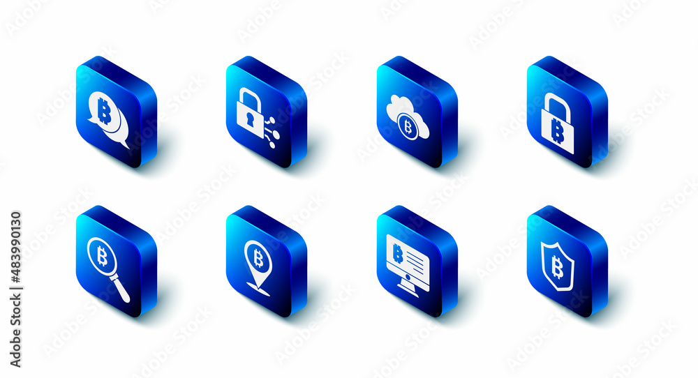 Set Lock with bitcoin, Cryptocurrency cloud mining, Shield, Mining from monitor, Bitcoin, Magnifying glass and icon. Vector Set Lock with bitcoin, Cryptocurrency cloud mining, Shield, Mining from monitor, Bitcoin, Magnifying glass and icon. Vector