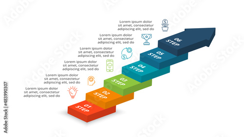 Vector pyramid up arrows infographic, diagram chart, triangle graph presentation. Business timeline concept with 6 parts