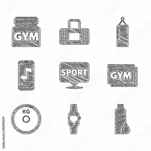 Set Location gym, Smartwatch, Fitness shaker, Online fitness and training, Weight plate, Music player, Punching bag and Sports nutrition icon. Vector
