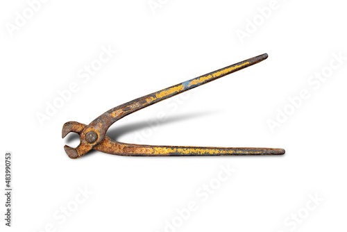 Old pliers pincers hand tool isolated on white background with clipping path.