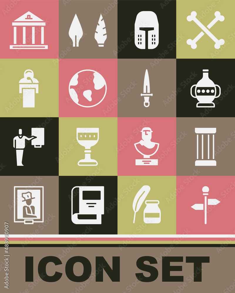 Set Road traffic signpost, Ancient column, amphorae, Medieval iron helmet, Earth globe, Gives lecture, Museum building and Dagger icon. Vector Set Road traffic signpost, Ancient column, amphorae, Medieval iron helmet, Earth globe, Gives lecture, Museum building and Dagger icon. Vector