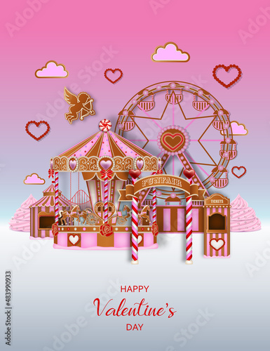 Valentine's day background with gingerbread funfair. Gingerbread valentine landscape