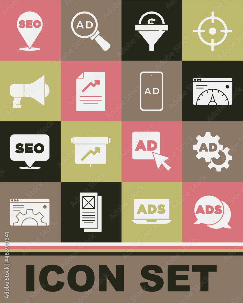 Set Advertising, Website statistic, Lead management, Document with graph chart, Megaphone, SEO optimization and icon. Vector Set Advertising, Website statistic, Lead management, Document with graph chart, Megaphone, SEO optimization and icon. Vector