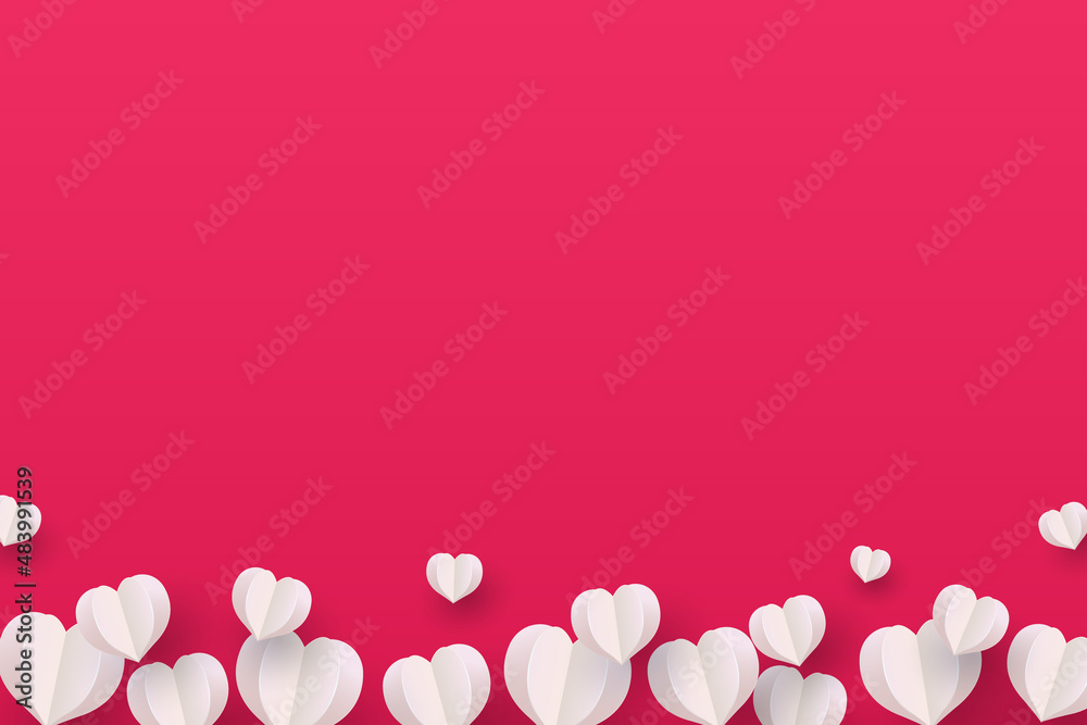 Paper cut style background template and copyspace of flying hearts. Vector illustration