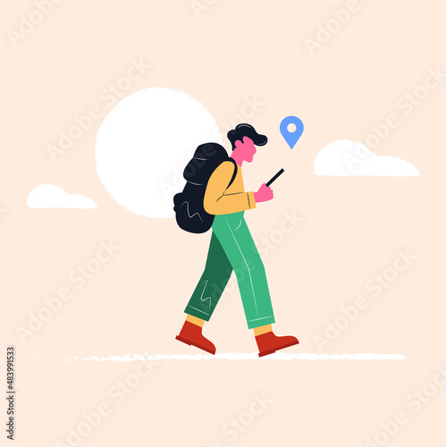 Happy cartoon tourist walking to the destination on an electronic map, in the hands of a gadget, behind a large backpack, travel, vacation. Colorful flat illustration