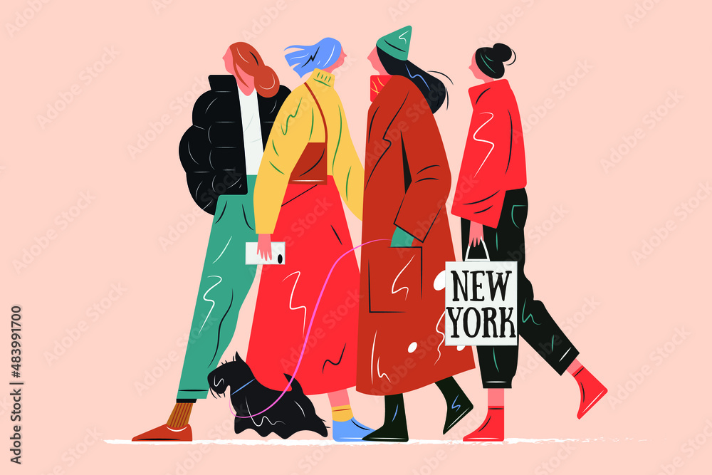 Collection of cartoon characters, crowd of walking women, fashionable and stylish girls, colorful flat illustration