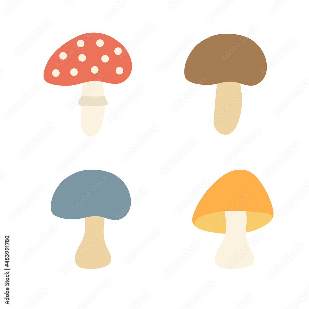 Hand drawn cute mushrooms - set of vector doodle illustrations on white