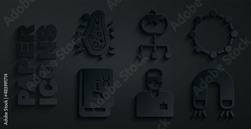 Set Laboratory assistant, Chemical formula, Genetic engineering book, Magnet, Genetically modified food and Bacteria icon. Vector