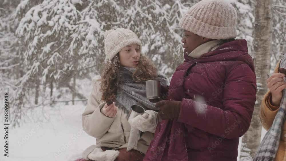 Medium slowmo shot of three young diverse friends talking while having lunch outdoors in beautiful winter forest on snowy day Medium slowmo shot of three young diverse friends talking while having lunch outdoors in beautiful winter forest on snowy day