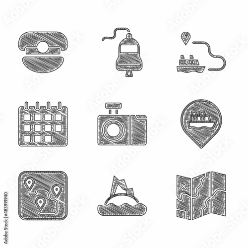 Set Photo camera, Tropical island in ocean, Folded map, Location with cruise ship, Route location, Calendar, Ship line path and Captain hat icon. Vector