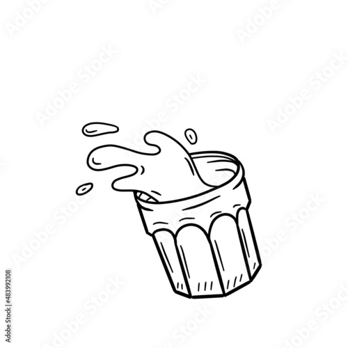 Shot Glass with vodka. Splashes of water from glass. Glassware in motion. Bar and alcohol. Hand drawn illustration