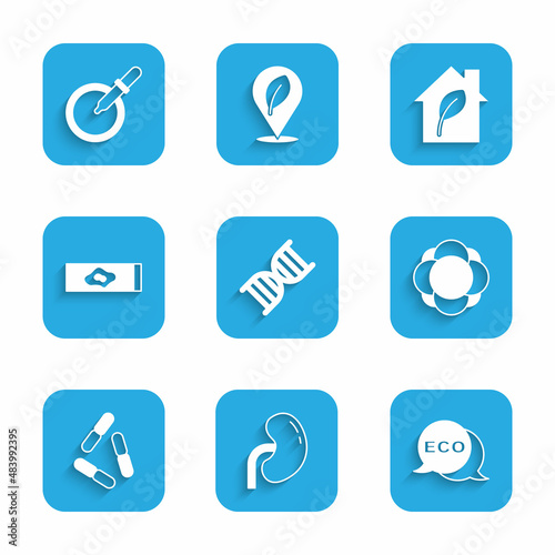 Set DNA symbol, Human kidney, Label for eco healthy food, Molecule, Virus, Blood test and virus, Eco friendly house and Petri dish with pipette icon. Vector