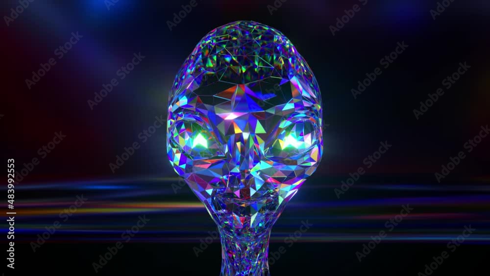 Space exploration concept. The alien's diamond face changes shape. Blue neon color. 3d animation of a seamless loop. Space exploration concept. The alien's diamond face changes shape. Blue neon color. 3d animation of a seamless loop.