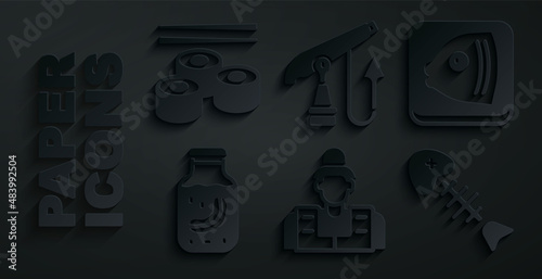 Set Fisherman, head, Sea cucumber in jar, skeleton, Fishing harpoon and Sushi icon. Vector