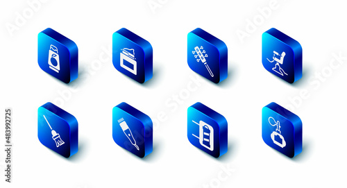 Set Cream cosmetic jar, Hairbrush, Barbershop chair, Aftershave, pole, Electrical clipper, Mop and Bottle of shampoo icon. Vector