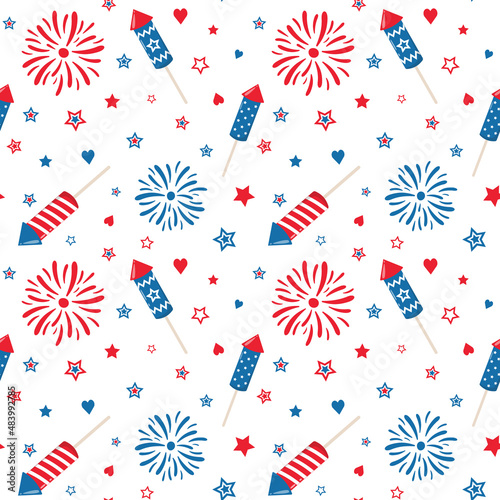 Patriotic fireworks and sparklers on a white background. Fourth of July. Independence Day. Vector seamless pattern.