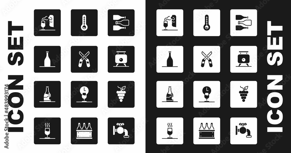 Set Bottles of wine, Gardening scissors, Sommelier, Fermentation grapes, Meteorology thermometer, Bunch and icon. Vector