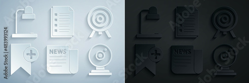 Set News, Target, Bookmark, Web camera, File document and Table lamp icon. Vector