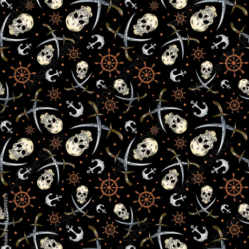 Pirate skulls, swords, anchors and steering wheels seamless pattern. Vector illustration.