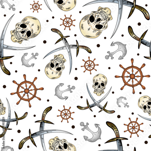 Pirate skulls, swords, anchors and steering wheels seamless pattern. Vector illustration.	
