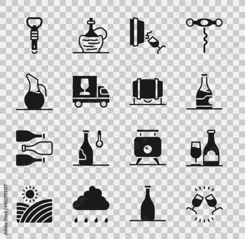 Set Wine tasting, degustation, bottle with glass, Bottle of wine, truck, Decanter for, opener and Wooden barrel icon. Vector