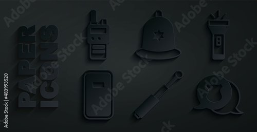 Set Telescopic baton, Flashlight, Police assault shield, badge, British police helmet and Walkie talkie icon. Vector