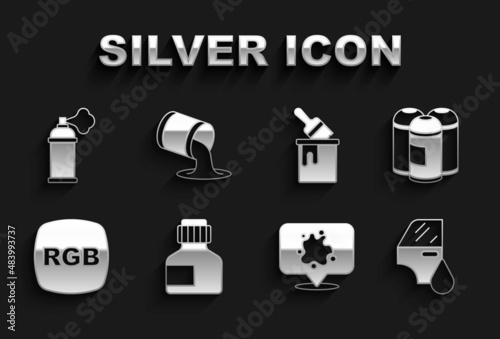 Set Paint, gouache, jar, dye, spray can, Car painting, RGB, bucket with brush, and icon. Vector